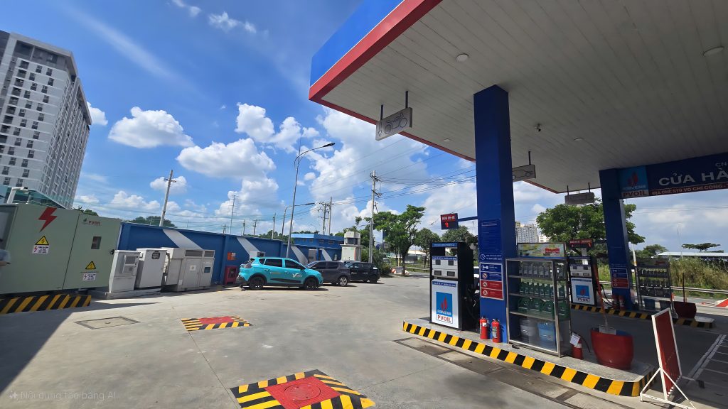 Hệ thống điện năng lượng mặt trời áp mái và hệ thống lưu trữ điện năng tích hợp GRES tại CHXD Phú Hữu cung cấp nguồn điện sạch cho trạm sạc xe ô tô điện.