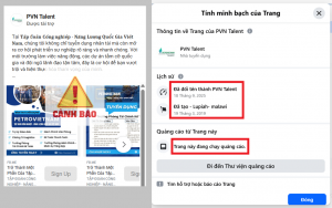 Fanpage giả mạo có tên “PVN Talent” đang chạy quảng cáo dày đặc thông tin tuyển dụng.