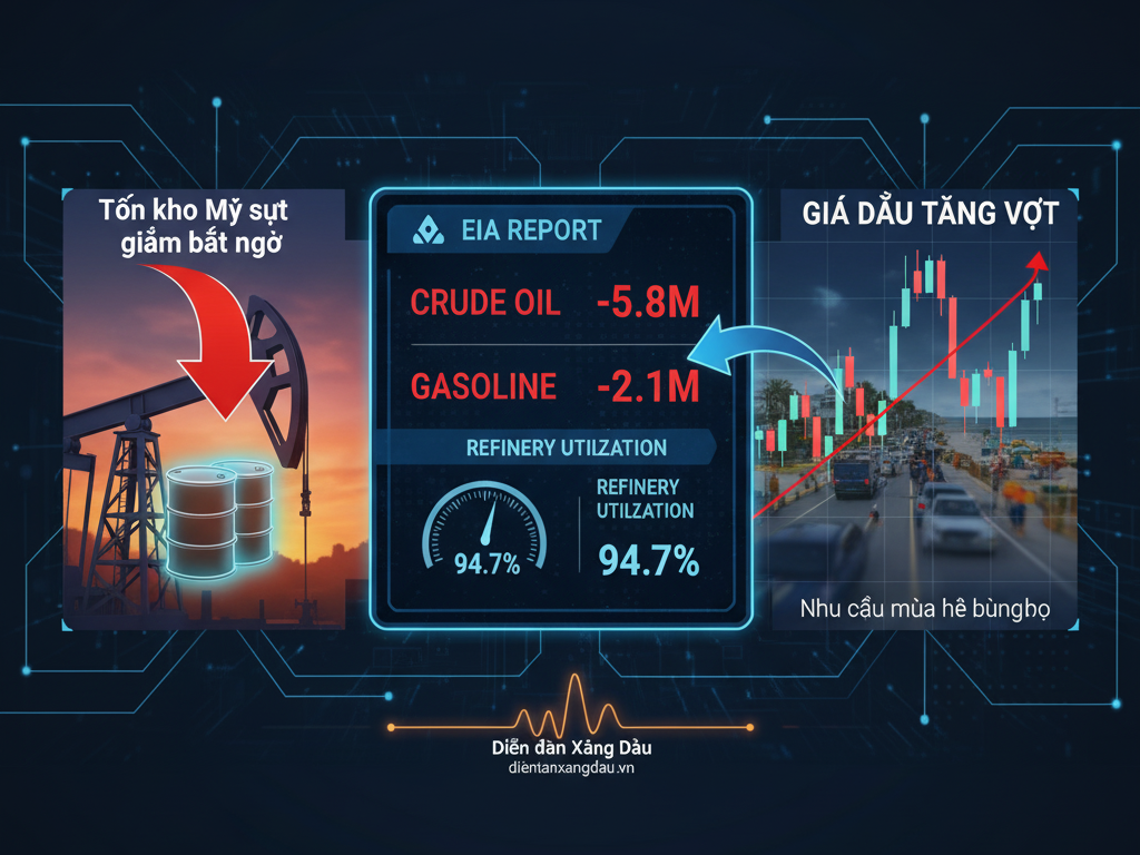 Giá dầu thô tăng vọt: Tồn kho Mỹ sụt giảm bất ngờ báo hiệu nhu cầu mùa hè bùng nổ
