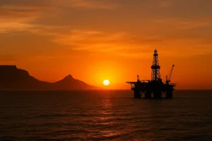 Panoramic view of an offshore oil rig at sunset along Africa's coast.
