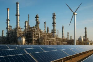 Khu công nghiệp dầu mỏ kết hợp năng lượng tái tạo với công nghệ hiện đại.