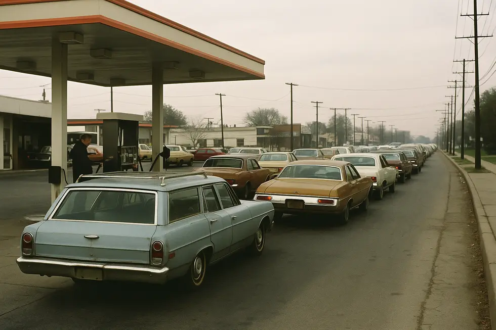 Hàng dài xe xếp hàng tại trạm xăng – biểu tượng khủng hoảng dầu mỏ 1973.