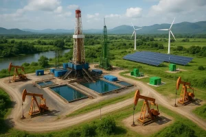 Quang cảnh mỏ dầu với công nghệ xanh và hạ tầng tiên tiến, bảo vệ môi trường.