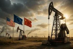 Hình ảnh toàn cảnh hoạt động khoan dầu khí toàn cầu với các yếu tố địa chính trị.