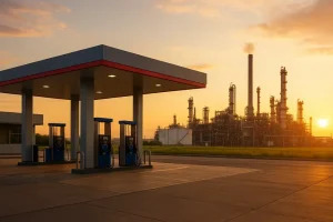 Một trạm xăng và nhà máy lọc dầu vào buổi bình minh, biểu tượng cho ngành xăng dầu.