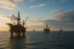 Khung cảnh tổng thể Biển Bắc với giàn khoan dầu.