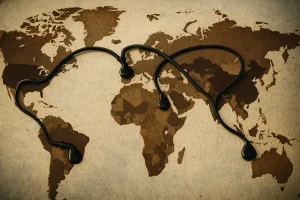 Bản đồ thế giới với các dấu chỉ vị trí kết nối dòng chảy dầu mỏ giữa Mỹ, Ấn Độ, và Nga.