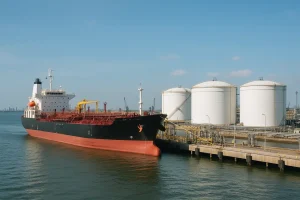 Cảng biển với tàu chở dầu và thùng chứa xăng dầu.