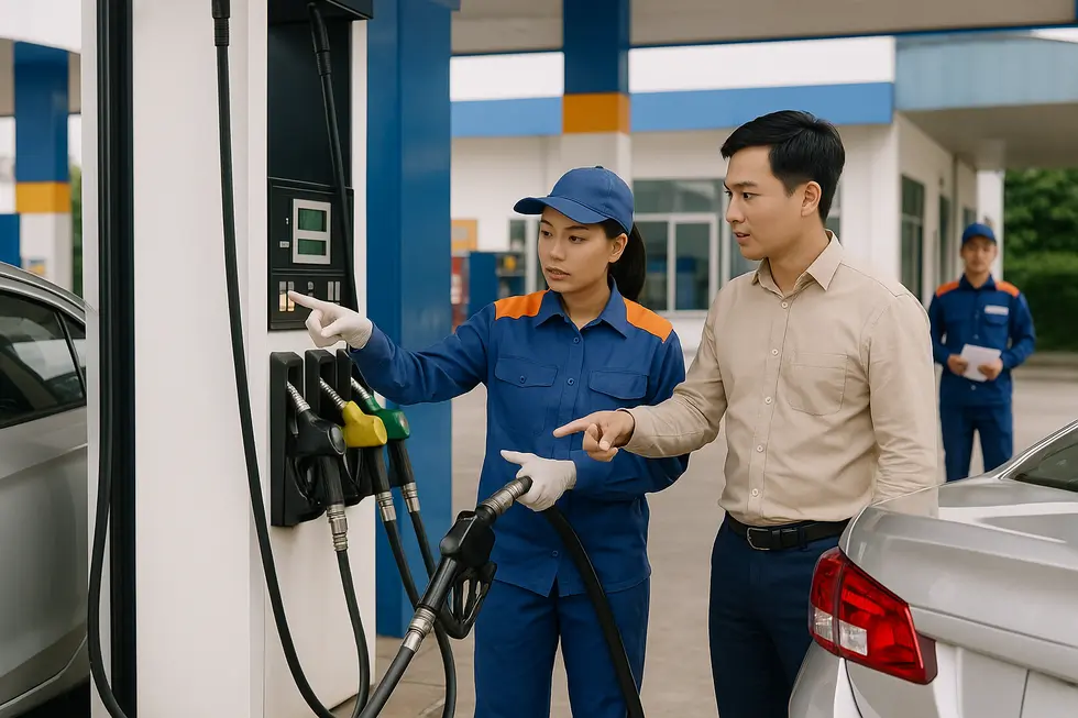 Nhân viên trạm xăng hướng dẫn khách hàng theo quy trình chuẩn hóa.