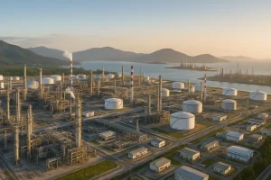 Panoramic image of Dung Quất and Nghi Sơn oil refineries, symbolizing their joint effort in energy supply.