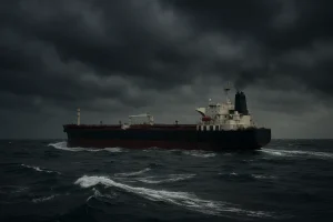 Tàu dầu lớn tại eo biển Hormuz trong điều kiện thời tiết không thuận lợi.