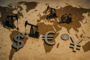 Global oil market depiction with rigs and currency symbols.