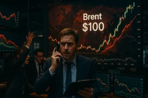 Sàn giao dịch dầu mỏ với biểu đồ giá Brent vượt 100 USD.