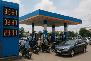 Trạm xăng với bảng điện tử hiển thị giá xăng dầu ngày 05-03-2026.