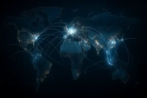 Bản đồ thế giới với các điểm kết nối năng lượng chính sáng lên.