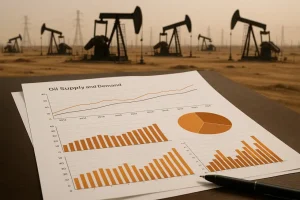 Một biểu đồ tổng quan về cung cầu dầu mỏ với bối cảnh là các mỏ dầu ở Trung Đông.