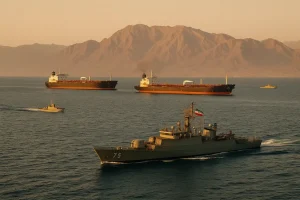 Tàu dầu và tàu quân sự Iran tại eo biển Hormuz.