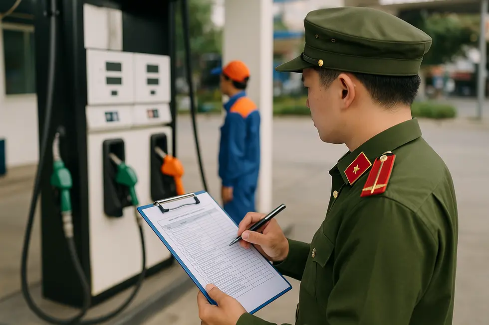 Nhân viên quản lý thị trường kiểm tra trạm xăng dầu.