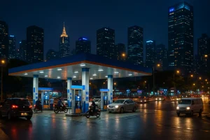 Trạm xăng dầu hoạt động vào ban đêm.