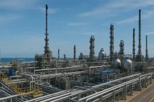 Hình ảnh nhà máy dầu khí hiện đại với công nghệ số hóa.