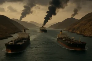 Tàu chở dầu di chuyển qua eo biển Hormuz trong bối cảnh căng thẳng địa chính trị.