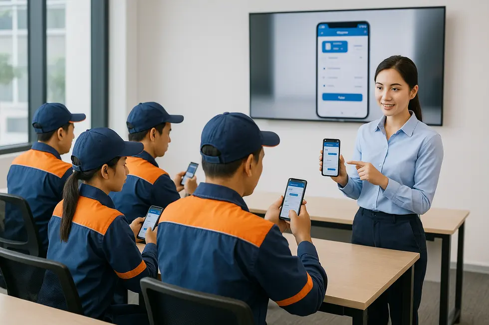 Nhân viên trạm xăng hướng dẫn khách hàng theo quy trình chuẩn hóa.