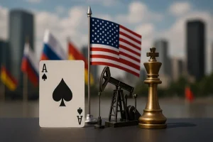 Biểu tượng quyền lực trên nền tảng đàm phán và kinh tế.