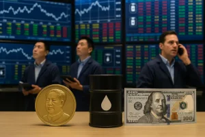 Sàn giao dịch năng lượng với biểu tượng tài chính của Trung Quốc và Mỹ.