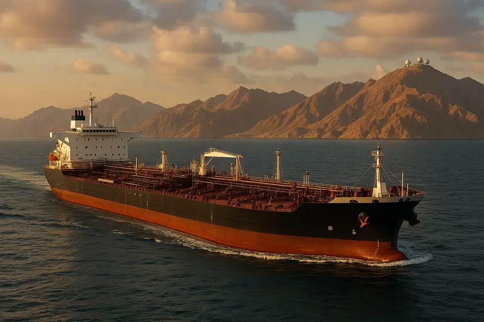 Tàu chở dầu tại eo biển Hormuz giữa bối cảnh căng thẳng.