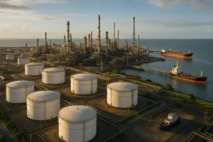 Một bức tranh toàn cảnh của ngành công nghiệp dầu khí với nhà máy và kho trữ dầu.