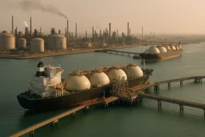 Cảng công nghiệp LNG của Qatar với các tàu và cơ sở công nghiệp.