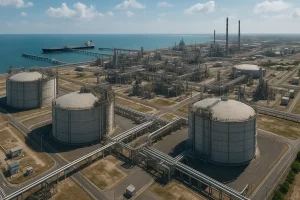 Khu công nghiệp năng lượng LNG với cơ sở hạ tầng hiện đại từ trên cao.