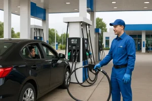 Một trạm xăng hiện đại với công nghệ và nhân viên dịch vụ.