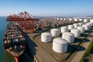 Toàn cảnh từ trên cao về cảng và kho chứa của Trung Quốc trong ánh nắng.