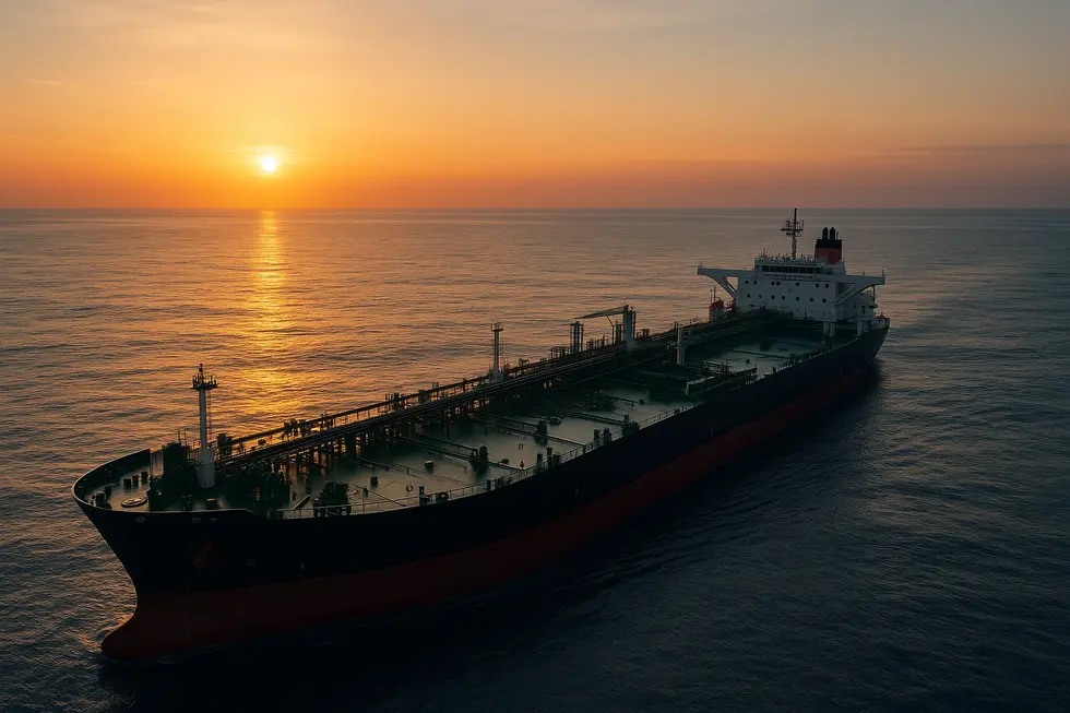 Ảnh trên không của tàu chở dầu Nga trong cảnh bình minh trên biển.