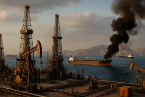 Quang cảnh chung của thị trường dầu với giàn khoan và tàu chở dầu.