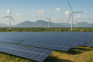 Nhà máy điện mặt trời và tuabin gió trên nền cảnh rộng lớn.