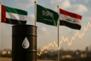 Biểu tượng dầu thô và cờ Trung Đông với mô tả xu hướng giá.