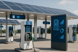 Futuristic gas station with advanced technology.