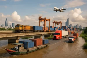 Hình ảnh toàn cảnh ngành logistics với sự kết hợp giữa phương pháp vận chuyển truyền thống và hiện đại.