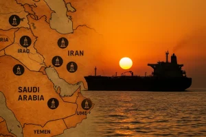 Hình ảnh bản đồ Trung Đông với tuyến dầu mỏ được nhấn mạnh.