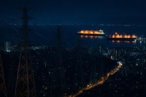 Thành phố Nhật Bản về đêm và tàu LNG.