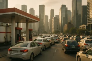 Xe cộ xếp hàng dài tại bồn xăng giữa thành phố.