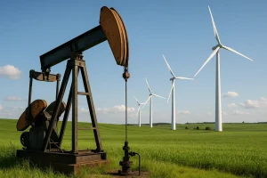 Biểu tượng năng lượng dầu mỏ và tái tạo trên nền phong cảnh công nghệ.