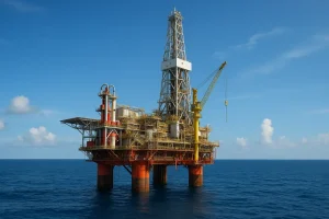 Giàn khoan hiện đại với biển và trời xanh.