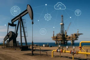 Khung cảnh toàn diện của một mỏ dầu hiện đại ứng dụng AI và IoT.