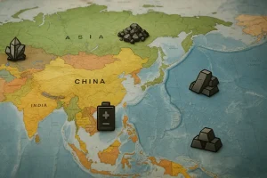 Bản đồ châu Á với biểu tượng khoáng sản chiến lược.