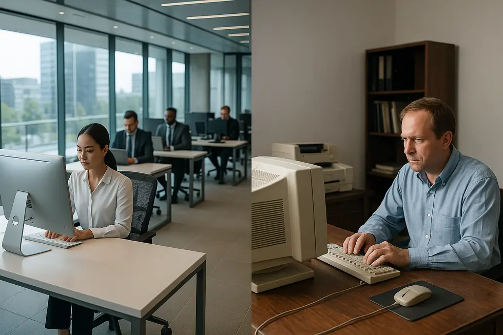 Hình ảnh của một tập đoàn lớn và doanh nghiệp nhỏ, minh họa sự khác biệt về công nghệ.