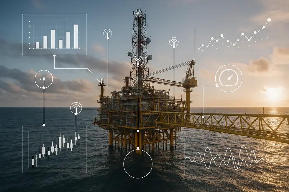 Giàn khoan dầu với hệ thống cảm biến IoT phục vụ dữ liệu thời gian thực.