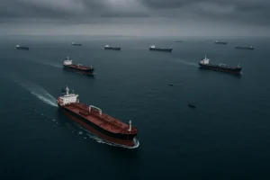 Hình ảnh trên cao của eo biển Hormuz với tàu chở dầu giữa căng thẳng.